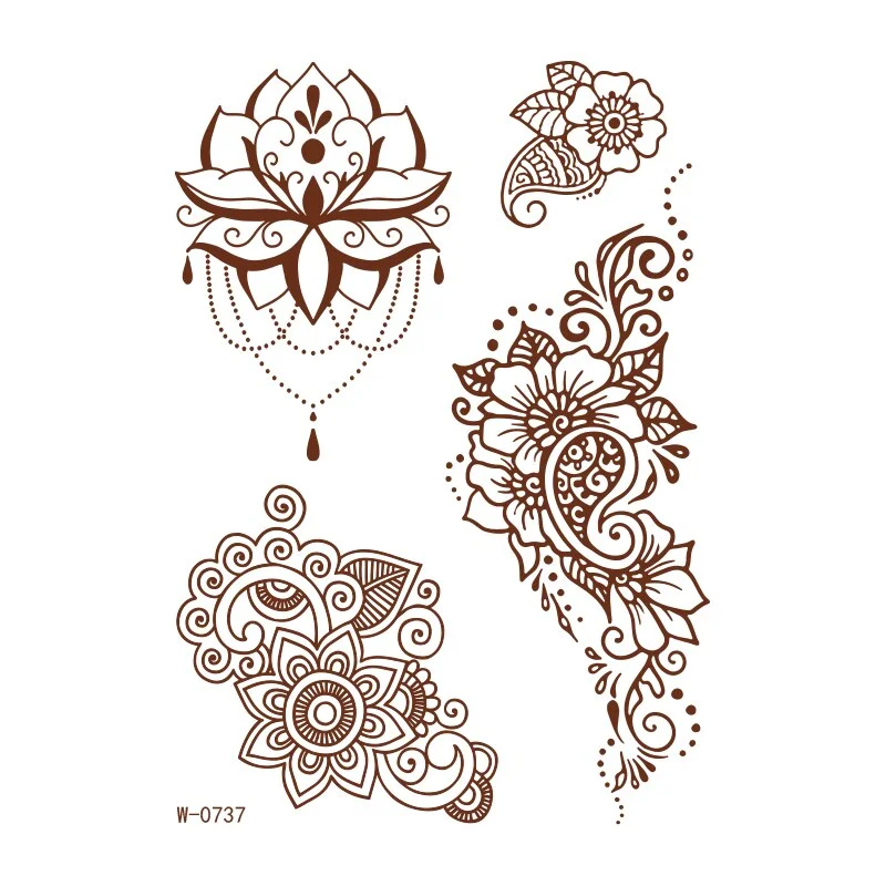 Henna Tattoo Sticker Temporary Brown Henna Chest Hand Lace Henna Mandala Flash Tattoos Sticker Body Art Arm Fake Tatoo Women Men