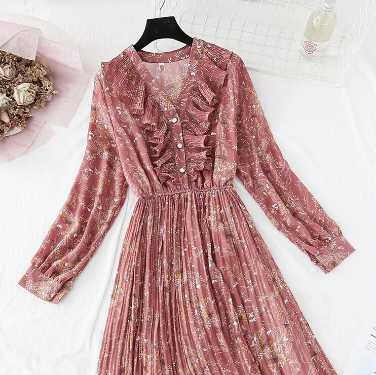 2020 Spring Summer Pleated Chiffon Dresses Women Vintage V-neck Ruffles Long Dress Long Sleeve Floral print Office Dress Vestido