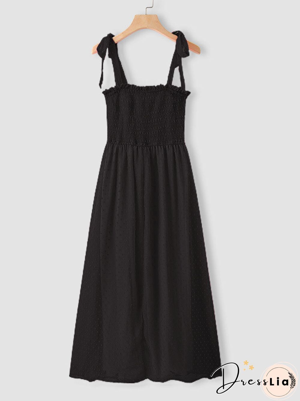 Solid Smocked Tie Strap Slit Open Back Chiffon Maxi Dress