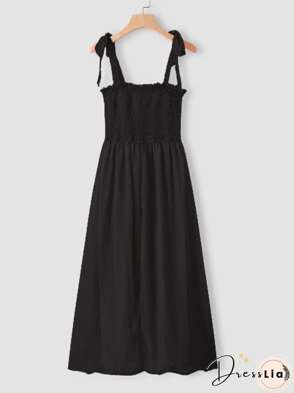 Solid Smocked Tie Strap Slit Open Back Chiffon Maxi Dress