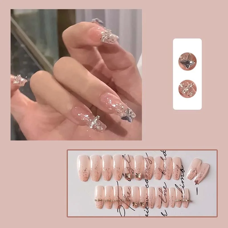 24PCS Gradient Purple False Nails Girls Sweet Style Shiny Bow Long Press on Nails Wearable Finished Nail Piece with Glue TY-Nail Inspo