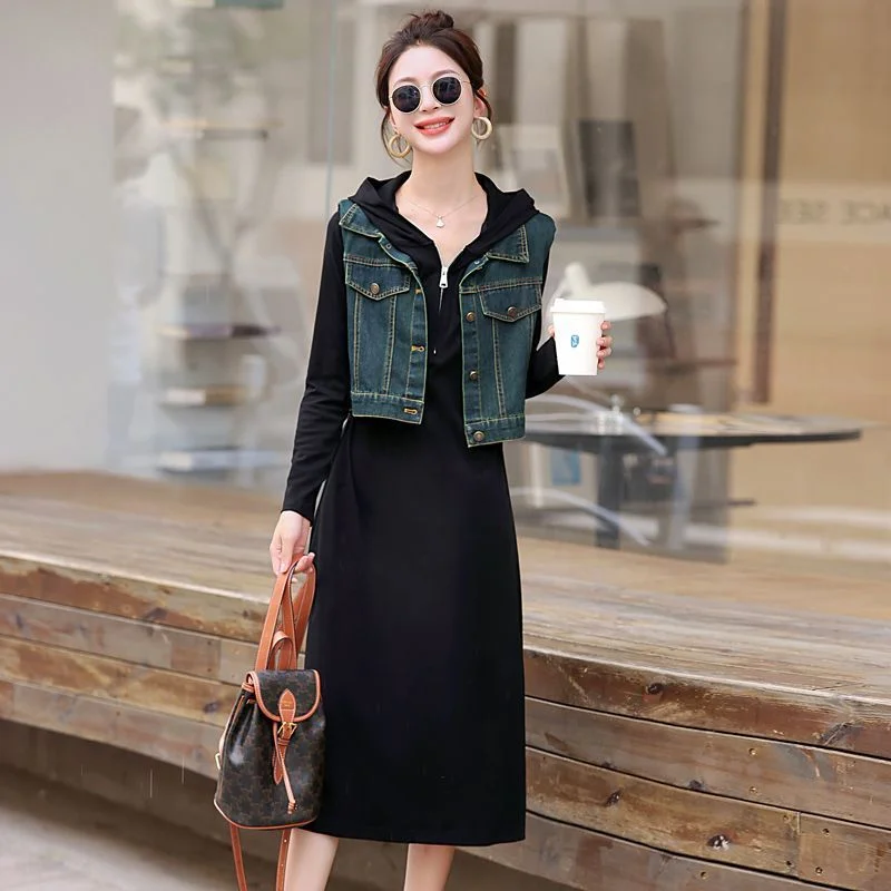 Toloer Toloer Vest With Black Hooded Dress Women's 2024 Summer New Casual Foreign Fashion Dress Two Sets-Outfit Ideas