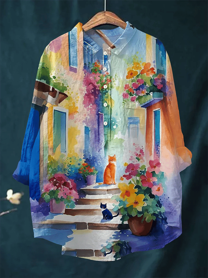 Women's Cat Art Print Casual Shirt
