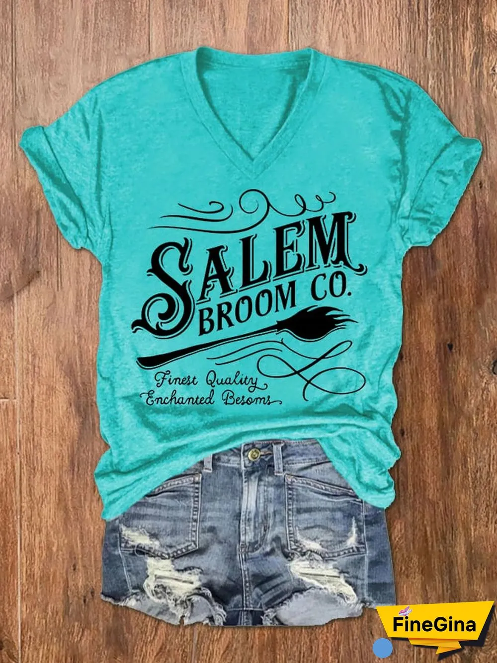 Women's Halloween Salem Broom Co. Casual V-Neck Tee