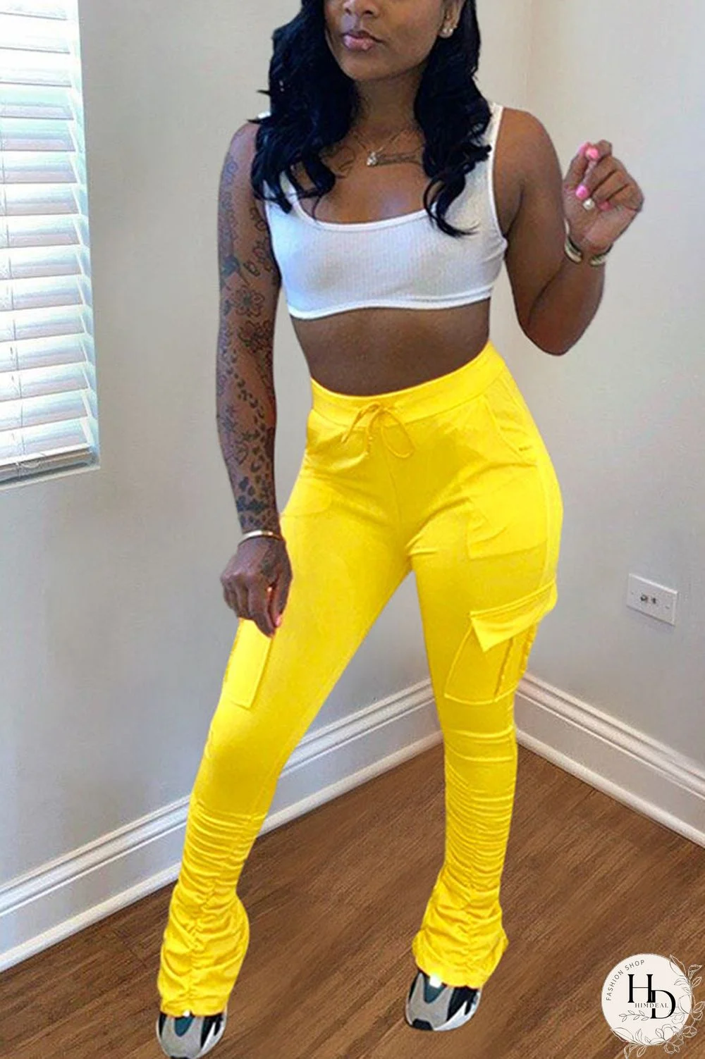 Yellow Drawstring High Solid Pocket Draped Boot Cut Pants Bottoms