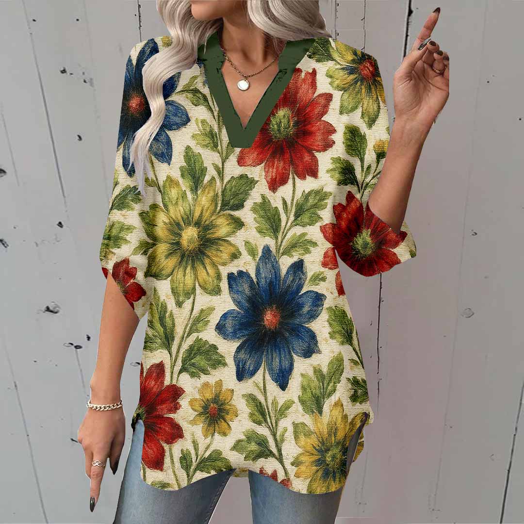 Women Floral, Yellow, Red, Blue DZGA0204 3/4 Sleeve V-neck Printed Graphic Button Tops