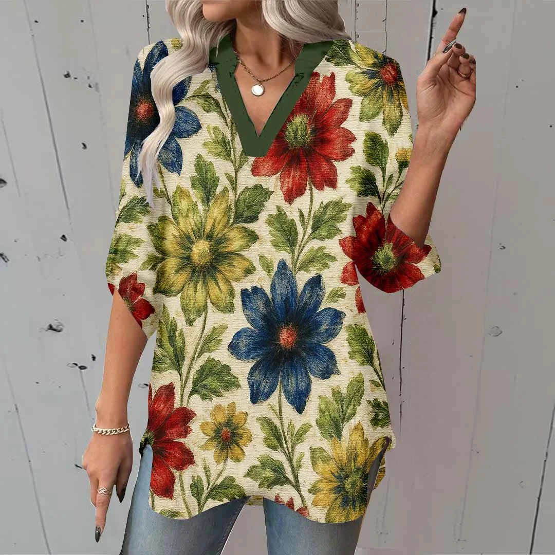 Women Floral, Yellow, Red, Blue DZGA0204 3/4 Sleeve V-neck Printed Graphic Button Tops