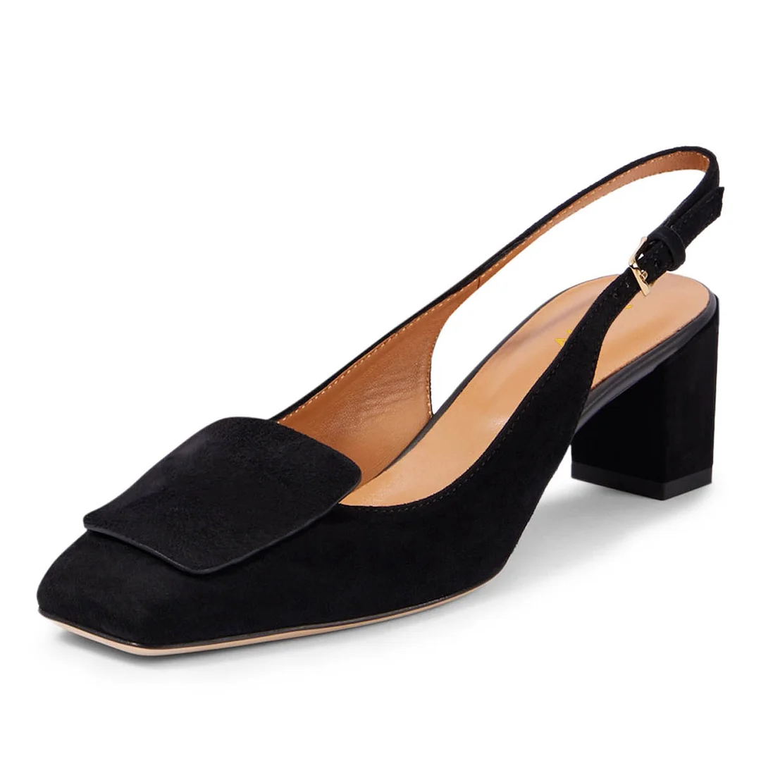 Vegan Suede Square Toe Buckle Chunky Heel Slingback Pumps in Black