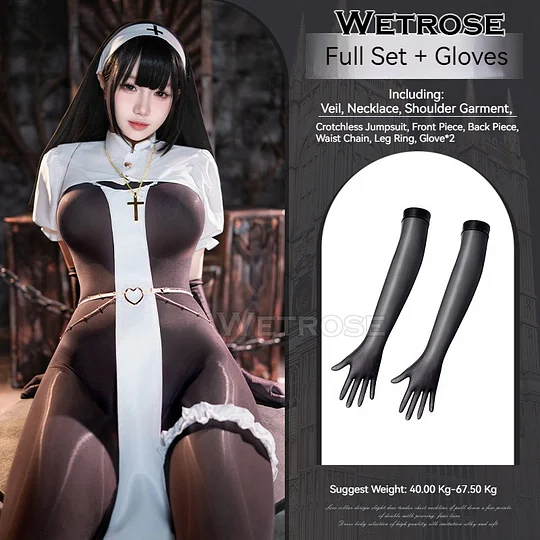 Wetrose] In Stock Taboo Nun Witch Black Silk Erotic Crotchless Sexy Lingerie  Cosplay Costume Headwear Full Set Halloween Xmas Cos Suit Outfit