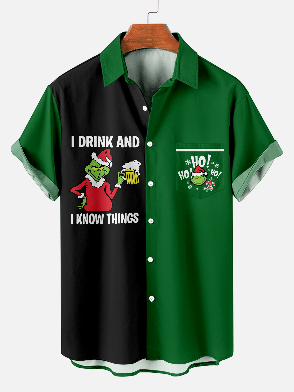 Men's Classic Christmas Character and Beer Print Shirt PLUSCLOTHESMAN