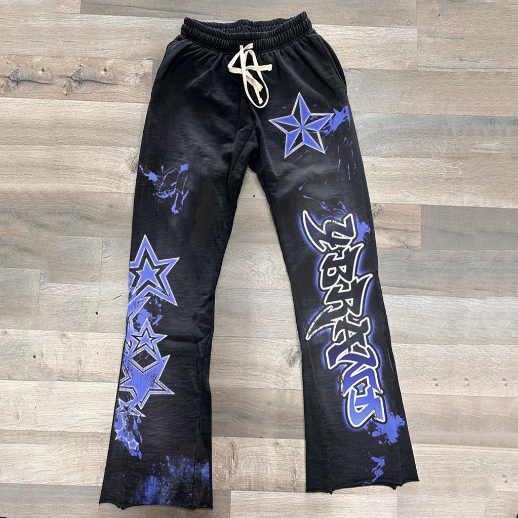 Retro Trendy Flame Cross Street Patchwork Printed Flared Sweats Trousers