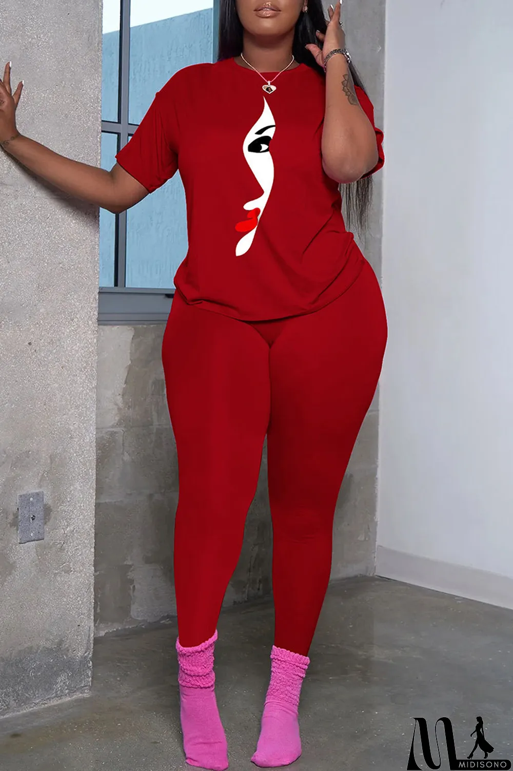 MidiSono - Black Fashion Casual Print Patchwork Basic O Neck Short Sleeve Two Pieces