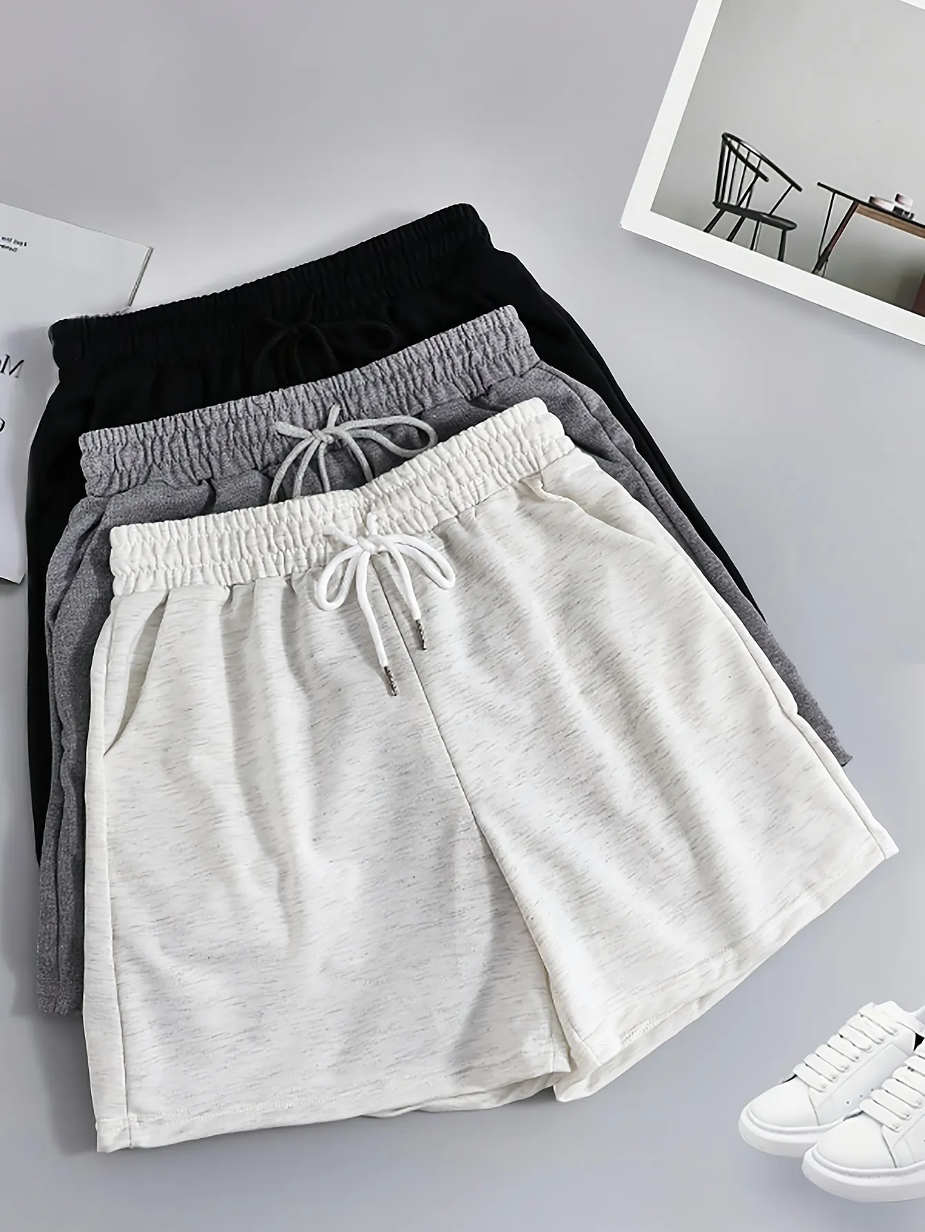 Lightweight Double Pocket 3-Set Womens Casual Knit Shorts Set Solid Color Drawstring Waist | IFYHOME