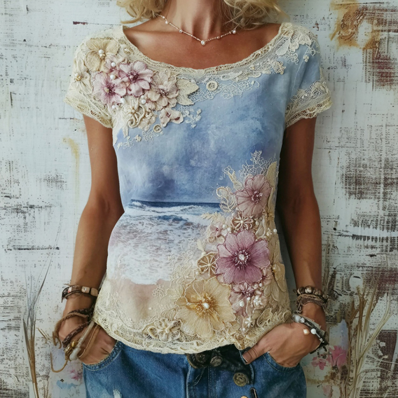 Women's Floral Embroidery Ocean Print Linen Crew Neck T-shirt wearshes