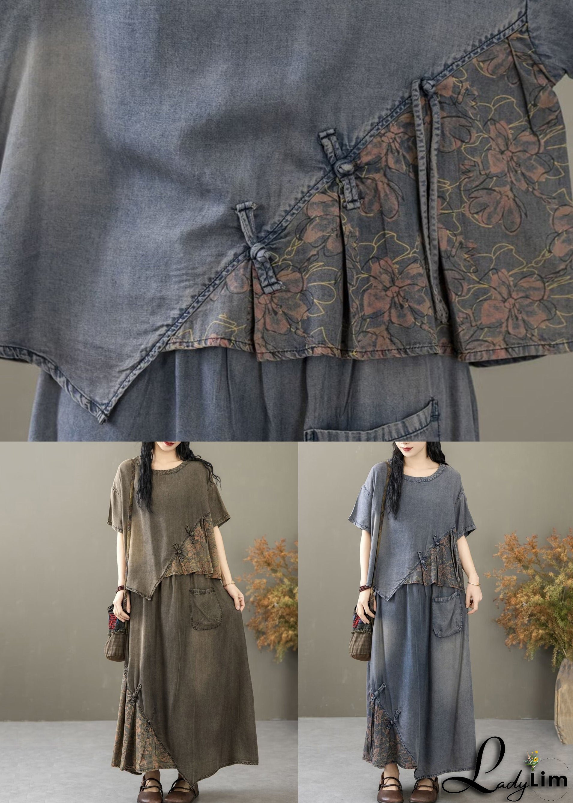 Chic Blue Print T Shirt And Skirts Two Piece Set Short Sleeve