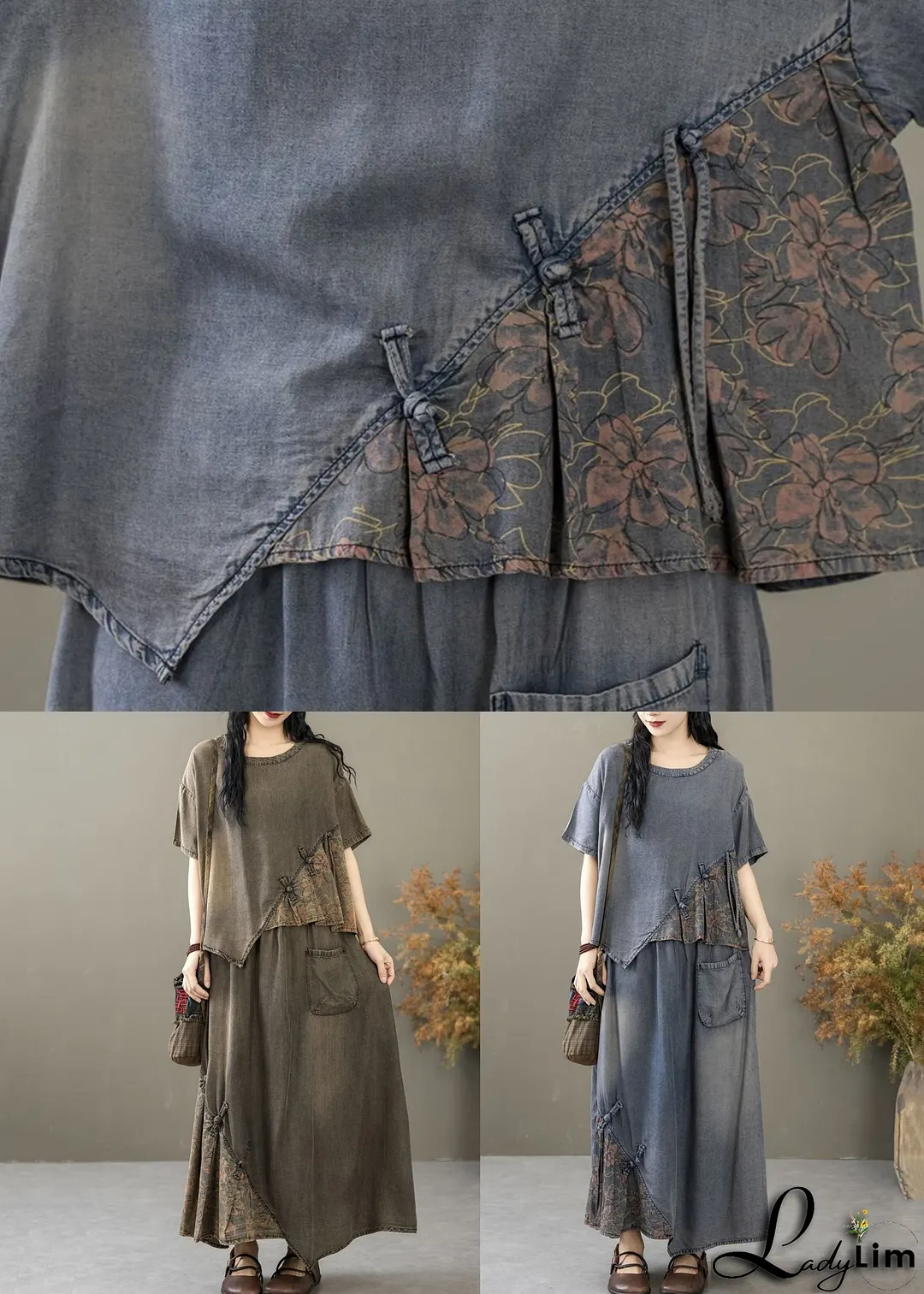 Chic Blue Print T Shirt And Skirts Two Piece Set Short Sleeve