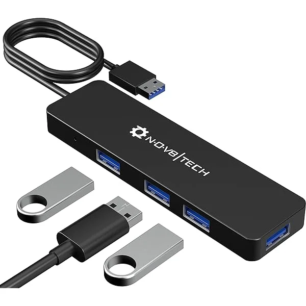 Nov8tech 4 Port USB 3.0 Hub with 2ft Extended Cable - Compatible with PC, Laptops, MacBook Pro & Air M1 M2 2016-2023 - Ideal USB Splitter for Laptop for High-Speed Data Transfer Up to 5gbps 4in1 USB 3.0 Black
