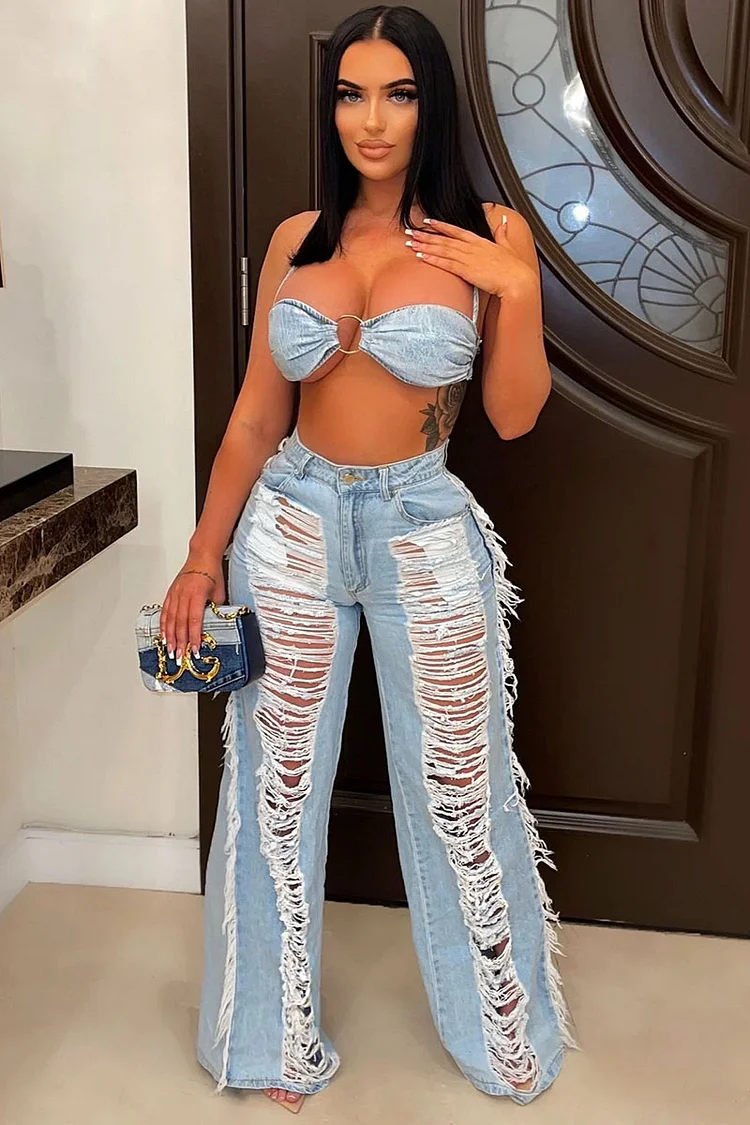 Ripped Fringed Denim Pants Tied Strap Crop Top Two Piece Set