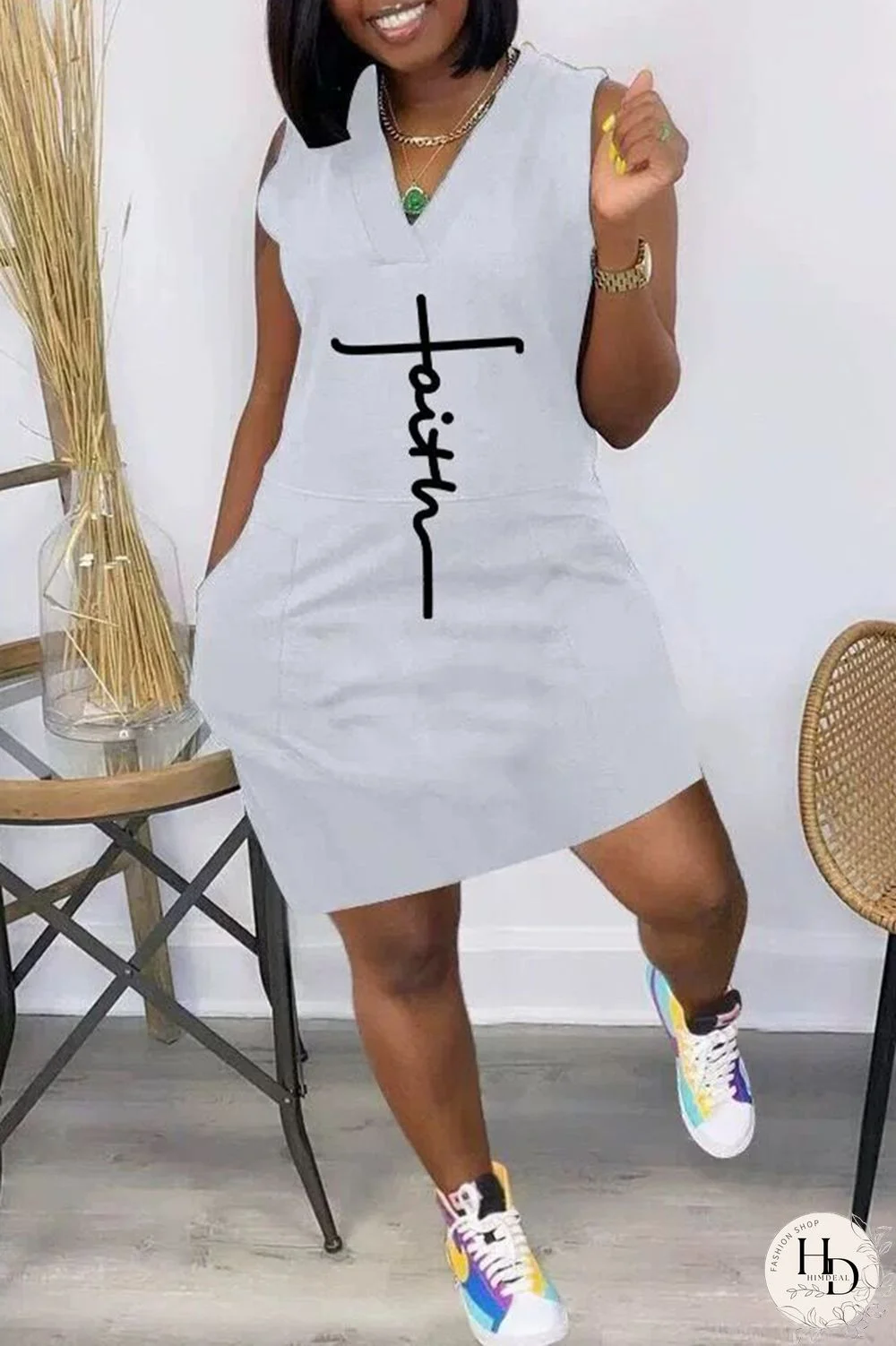 Grey Fashion Casual Print Split Joint V Neck Sleeveless Dress