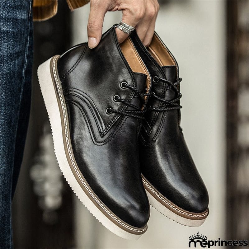 Mens Casual High Top Lace Up Genuine Leather Round Toe Ankle Boots