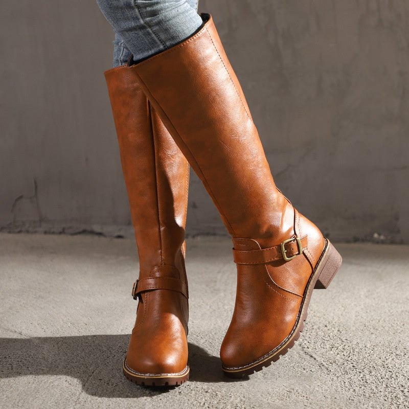 Vintage Round Toe Buckle Tall Boots Chunky Heel Riding Boots