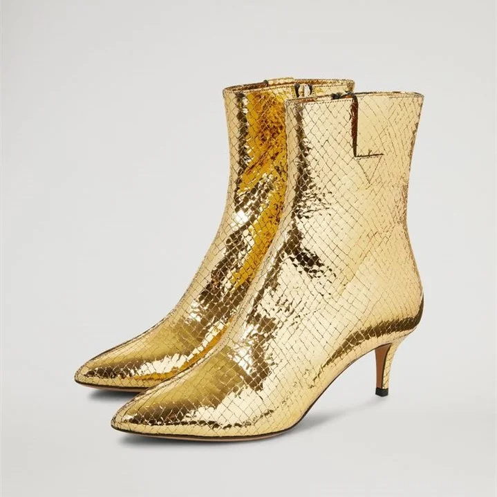 Gold Textured Metallic Fashion Booties Kitten Heel Ankle Boots |FSJ Shoes