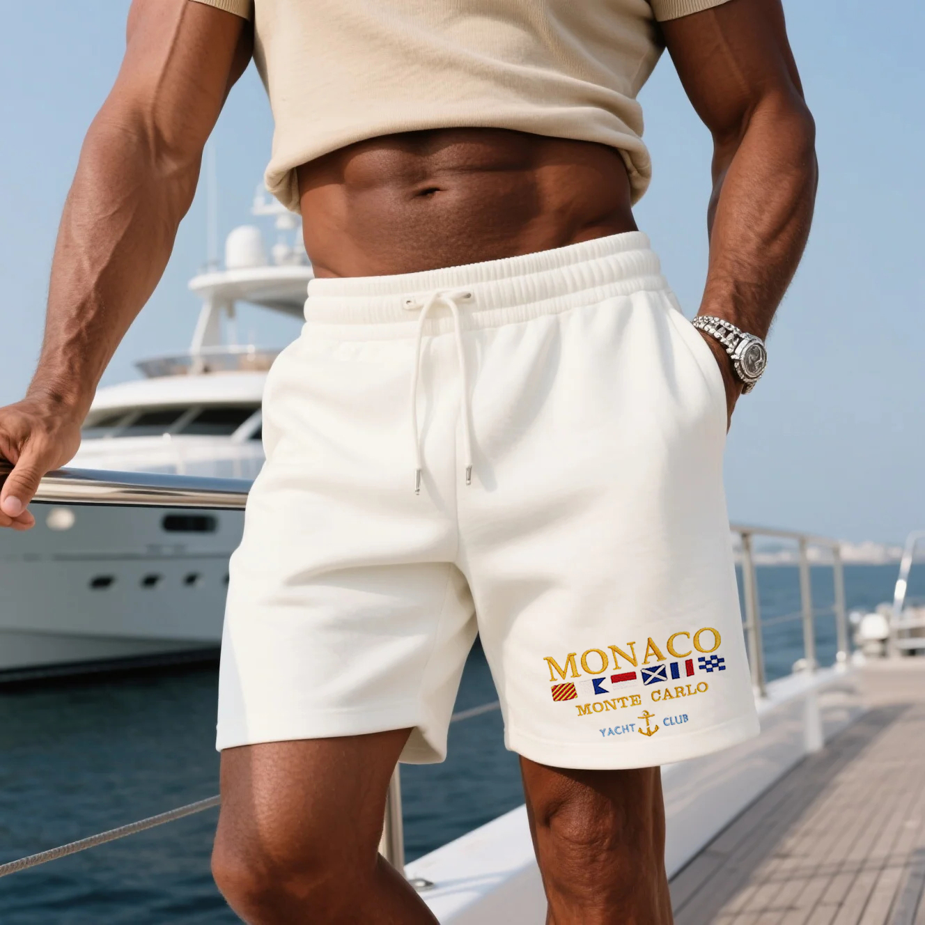 Men's Loose Comfort Cotton Yacht Club Sweatpants Shorts Shirt Monaco Print Shorts