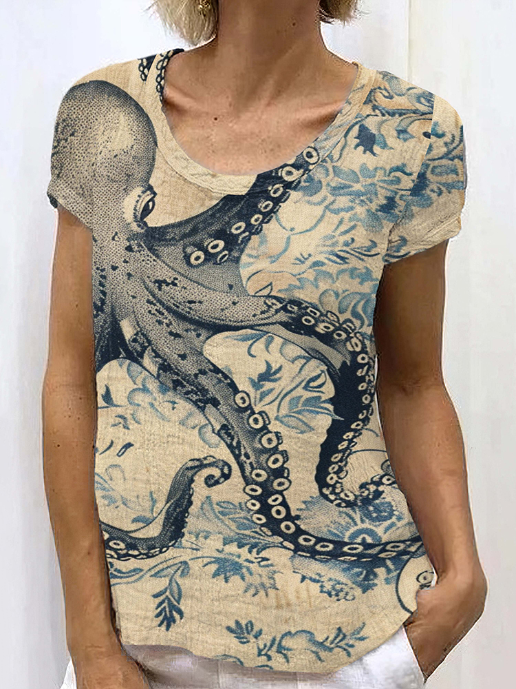 Comstylish Retro Japanese Ink Floral Octopus Art Painting Linen Casual T-Shirt