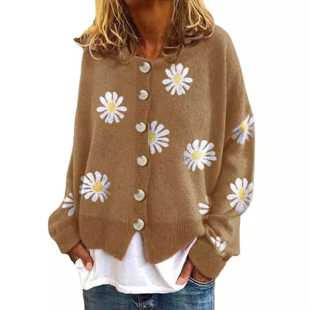 Wongn Wongn 2023 Autumn / Winter Sweater Women's Small Autumn Chrysanthemum Embroidery Needle Knitting Cardigan Women's Clothing