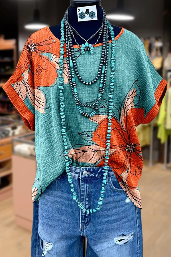 Vintage Floral Print Dolman Sleeve Top