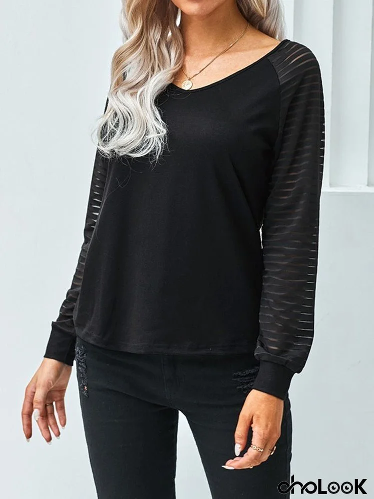Stripe Long Sleeve Large Fashion Simple V-Neck T-Shirt