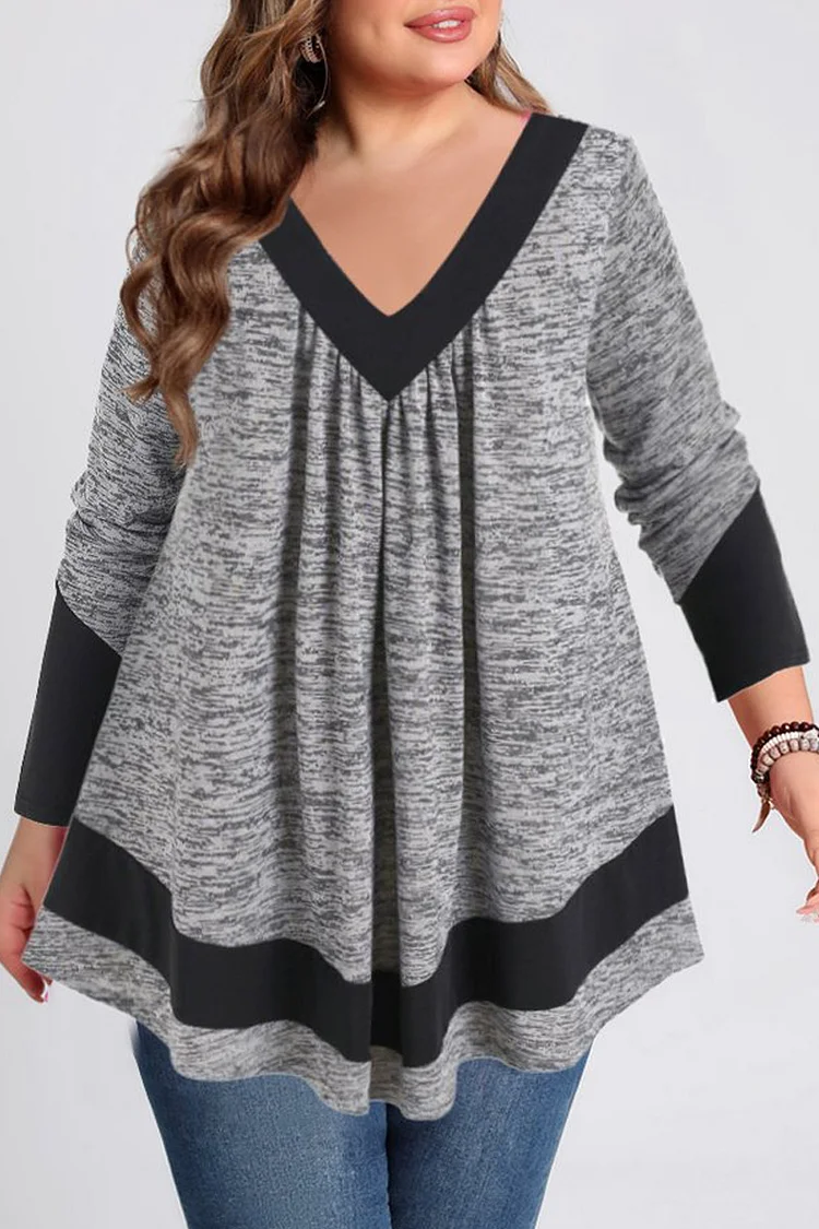 Flycurvy Plus Size Casual Grey Patchwork Pleated Asymmetrical Hem V Neck Blouses  Flycurvy [product_label]