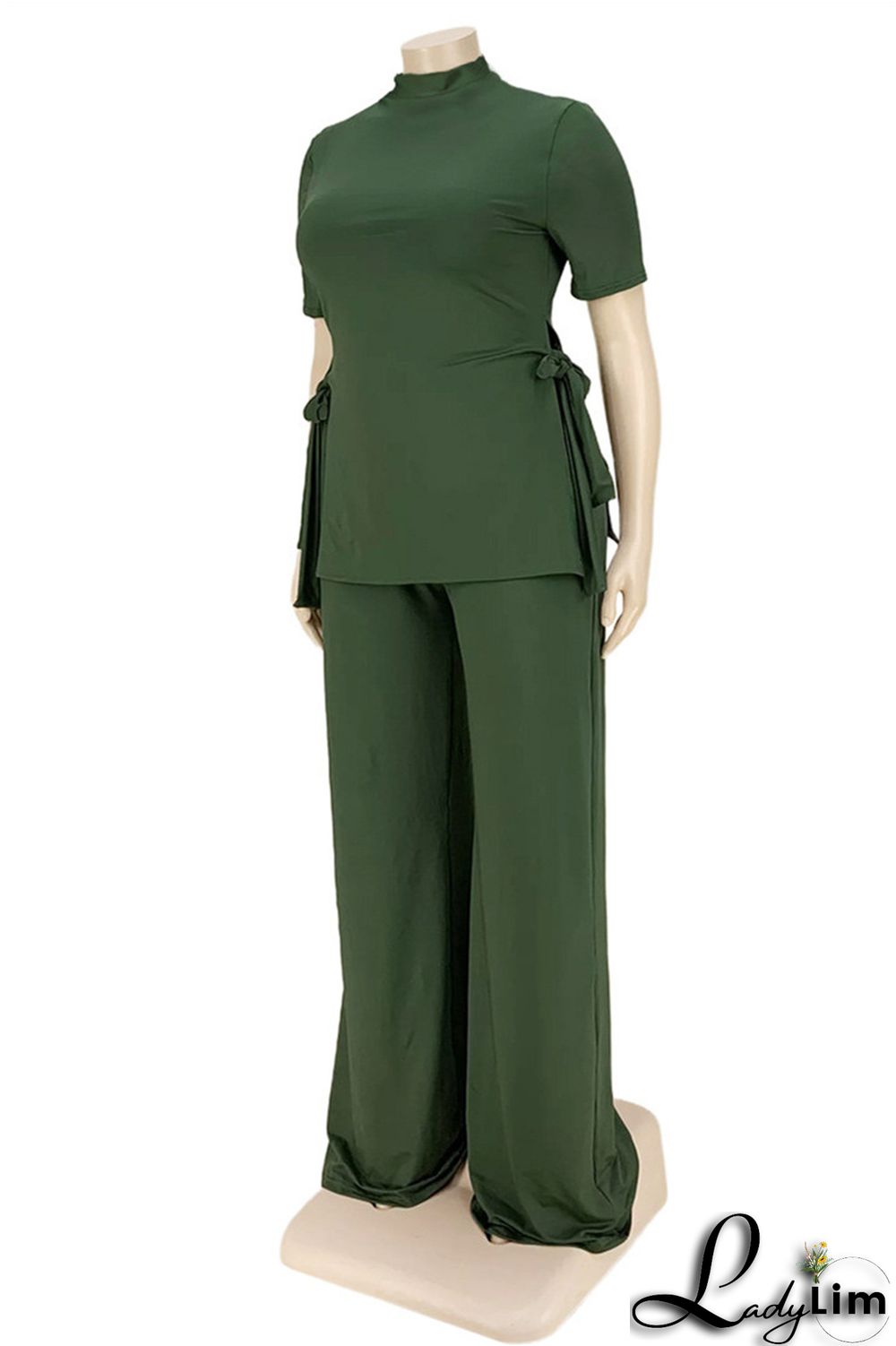 Black Fashion Casual Solid Bandage Slit Turtleneck Plus Size Two Pieces