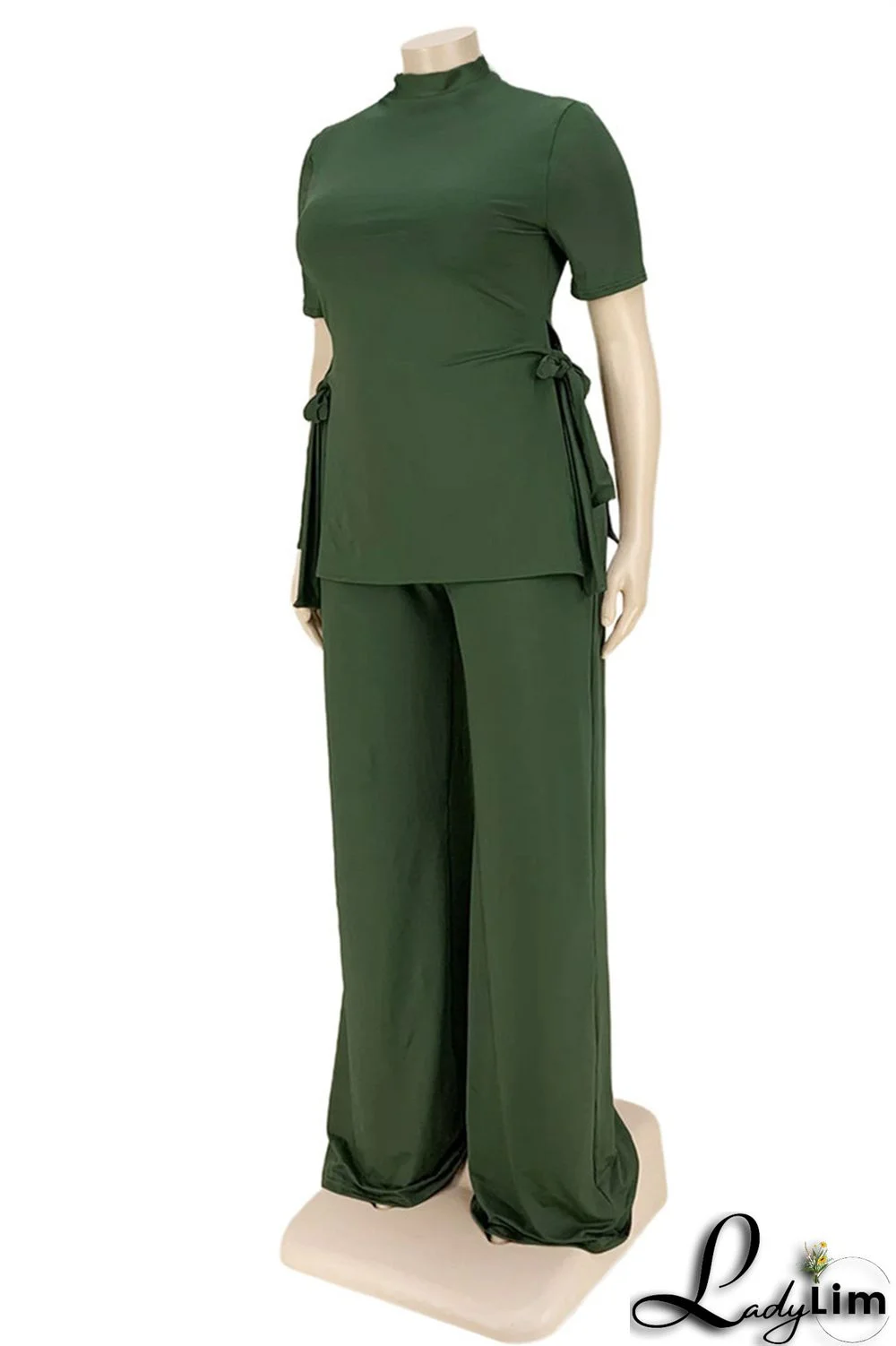 Black Fashion Casual Solid Bandage Slit Turtleneck Plus Size Two Pieces