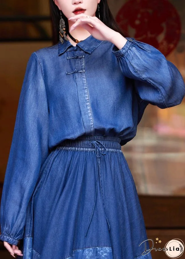 Women Blue Peter Pan Collar Patchwork Button Silk Cotton Denim Shirt Long Sleeve