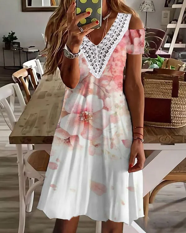 Sexy V-Neck Loose Printed Lace Off-the-Shoulder Dress