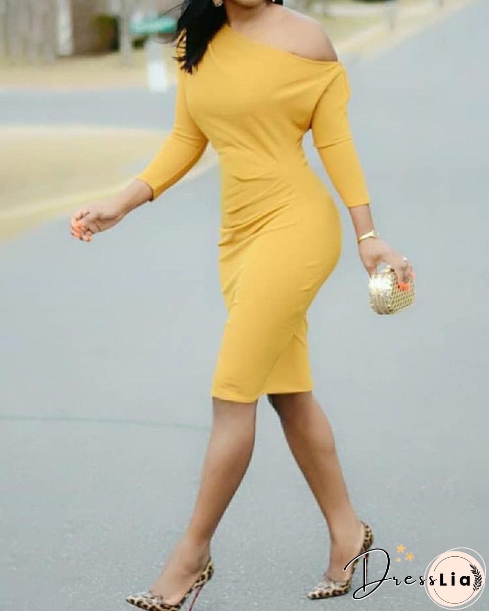 Solid Skew Neck Bodycon Dress