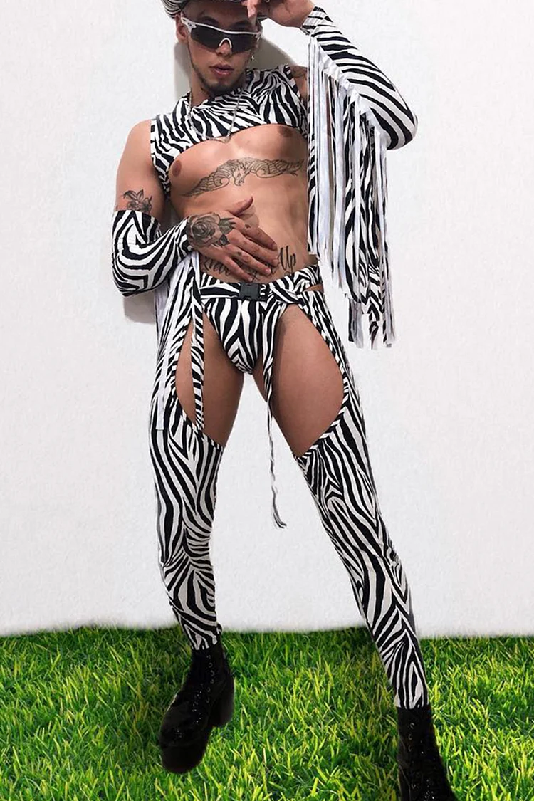 Ciciful Zebra-Striped Shrug Tank Top Crotchless Chaps Pants Festival Four Piece Set