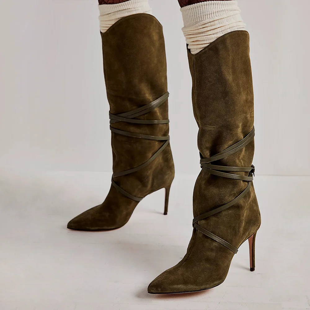 Dark Brown Vegan Suede Mid-Calf Boots Pointed Toe Ankle Strap Stiletto Heels Nicepairs