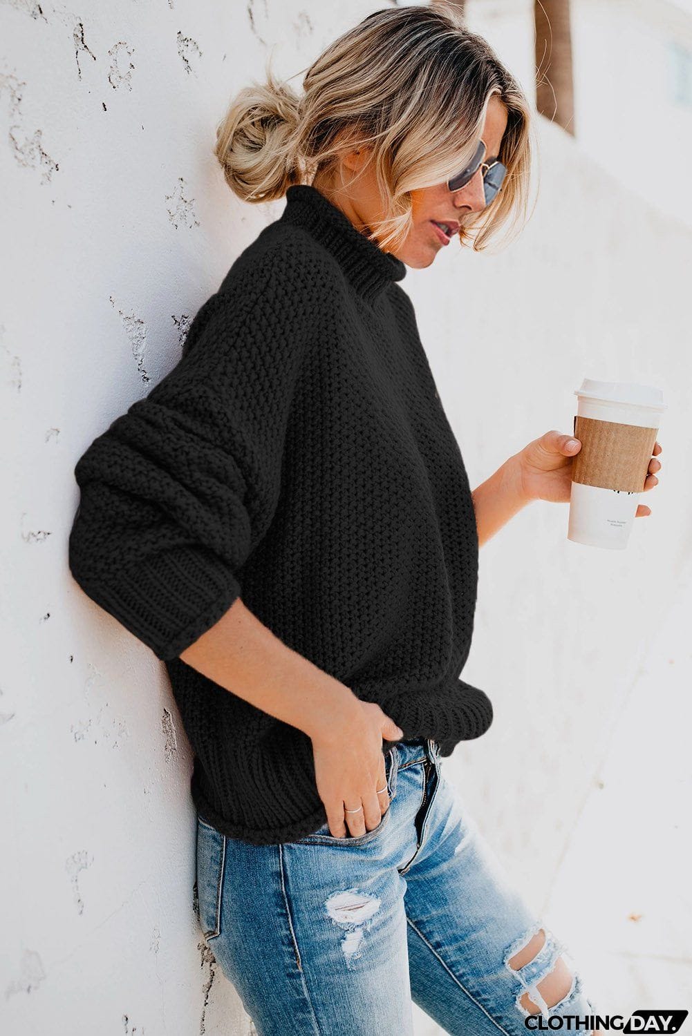 Black Chunky Batwing Long Sleeve Turtleneck Sweater