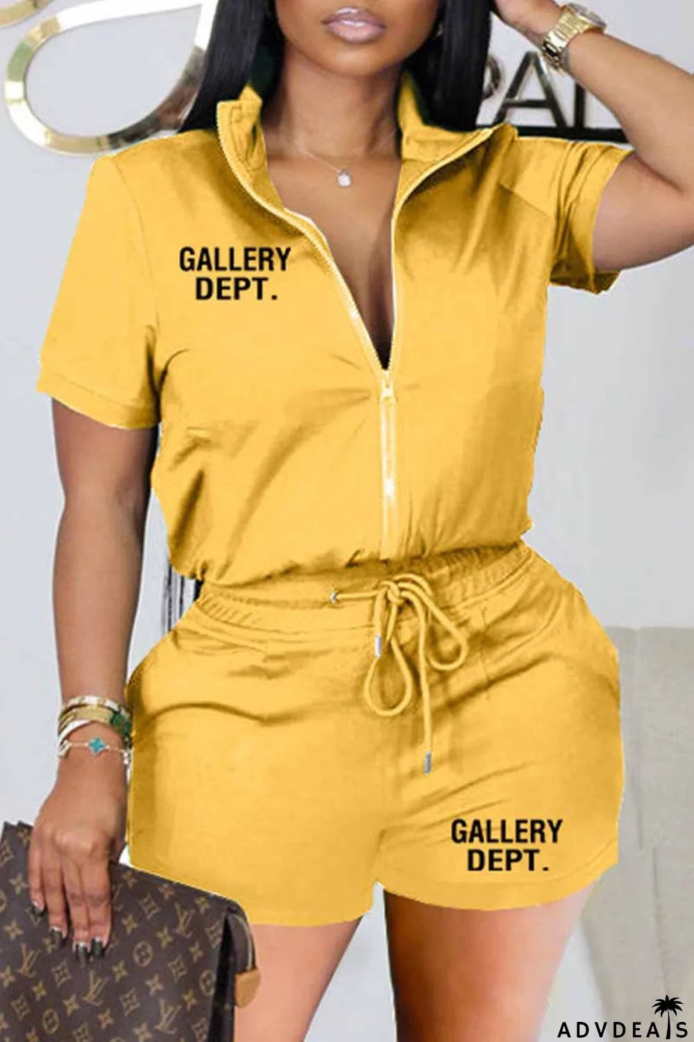 Black Casual Print Letter Zipper Collar Short Sleeve Two Pieces