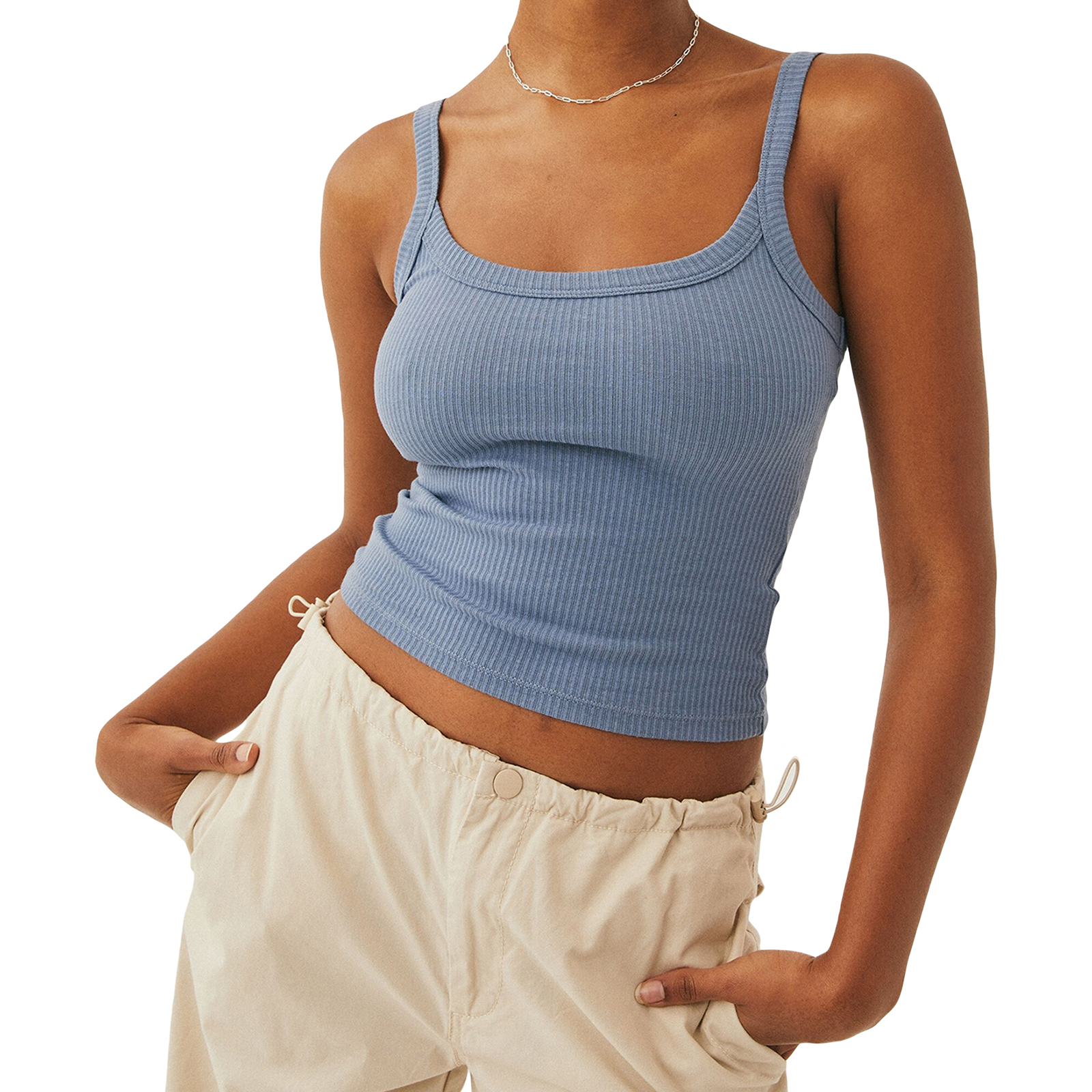 Querysynth Women´s Solid Color Tank Tops Basic Vest Ribbed Sleeveless U Neck Slim Fit Cropped Tops
