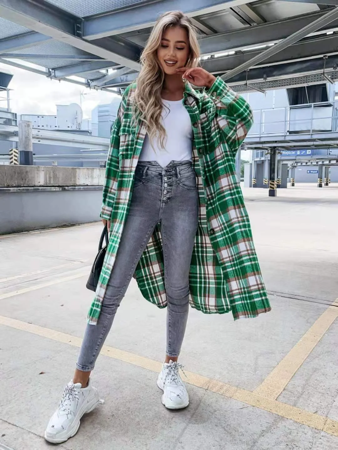 Jangj Female Long Sleeve Plaid Long Coats with Pockets Women Printed Shirt Dresses Casual Streetwear