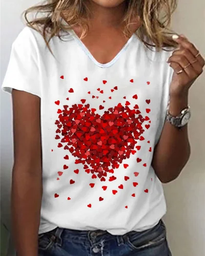 Romantic V Neck Heart Print Short Sleeve T-Shirt