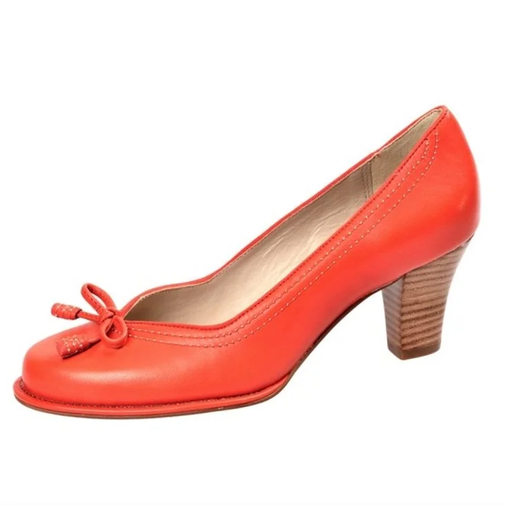 Orange Vintage Heels Bow Retro Chunky Heel Pumps |FSJ Shoes