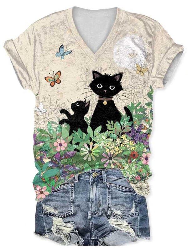 Casual Cat And Flower Butterfly Print T-Shirt