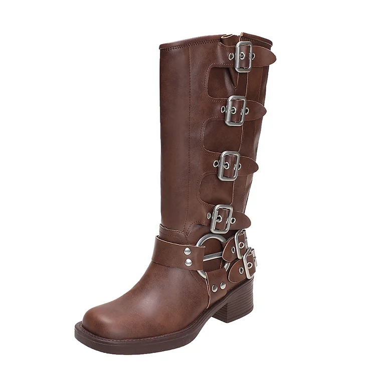 Women's Calf Buckle PU Round Toe Retro Western Gothic Boots  Stunahome.com