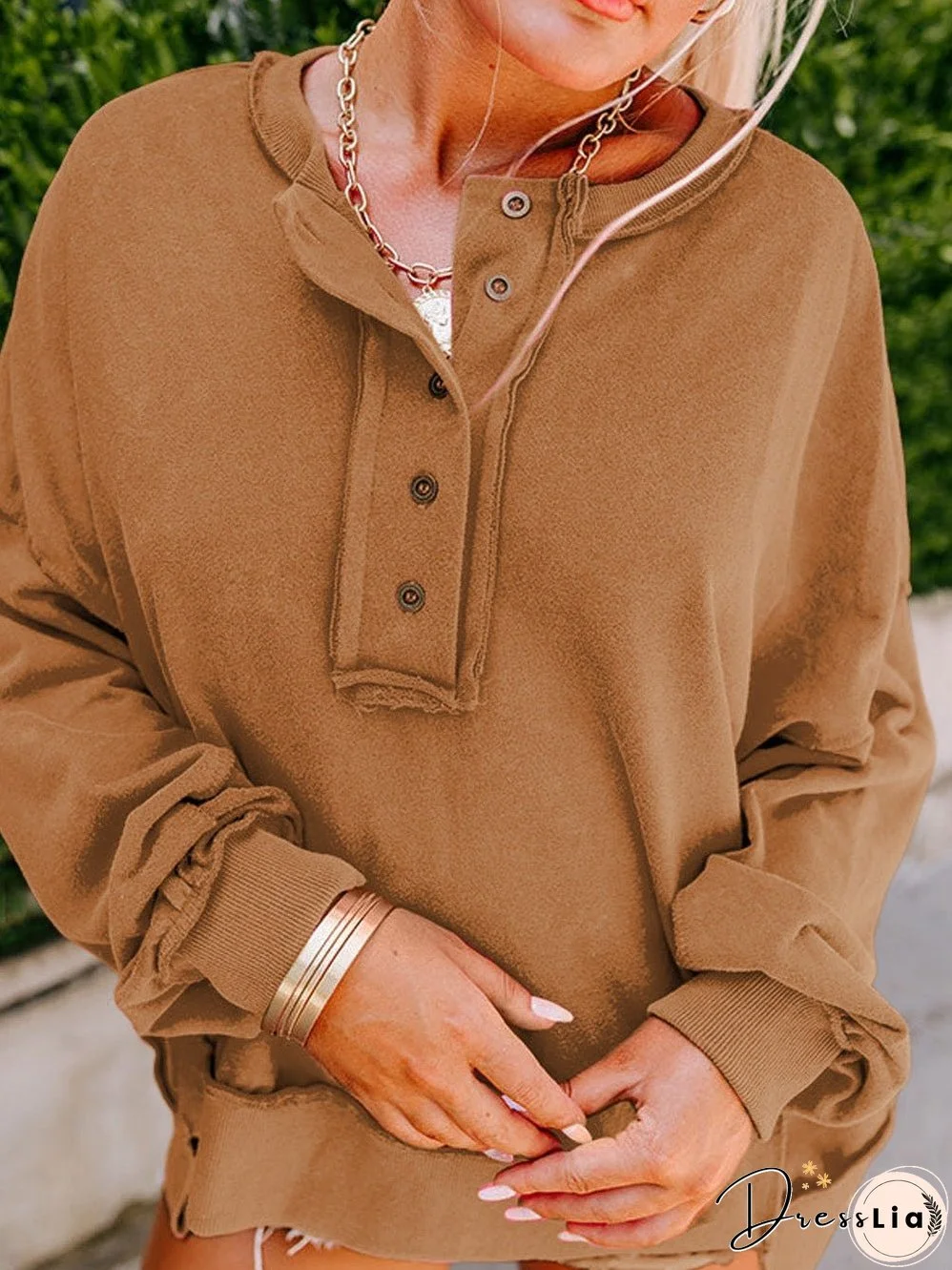 Cozy Brown V-Neck Button Detail Pullover Sweatshirt