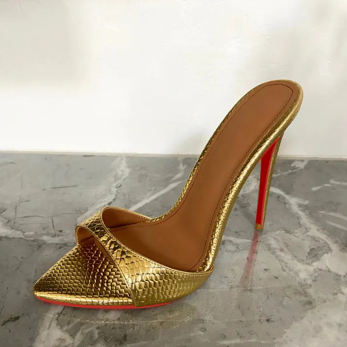 120mm Women's Sandals Pointed Toe Snakeskin Mules Heels Slip on Stilettos-vocosishoes