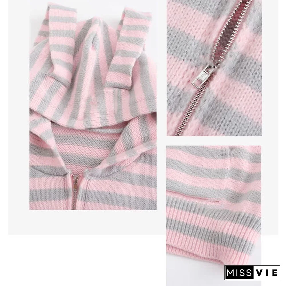 Long Bunny Ears Pocket Oversize Zipper Hooded Sweatshirt